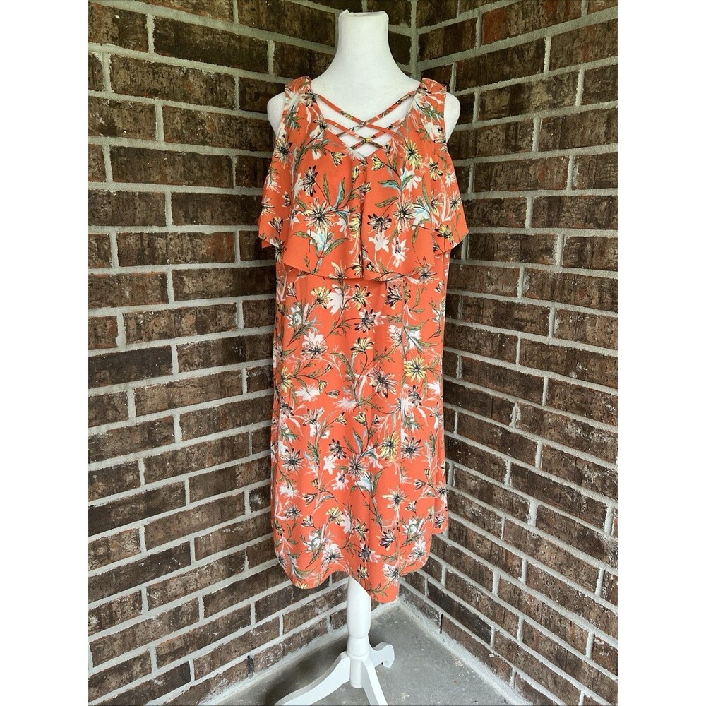 Est 1946 Women Overlay Tank Orange Yellow Floral Dress 14/16W Lined Bohemian